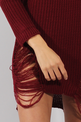 Wine High Neck Cut Out Distressed Jumper Dress - Adalyn-Jumper