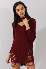 Wine High Neck Cut Out Distressed Jumper Dress - Adalyn-Jumper