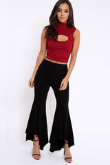 Wine High Neck Cut Out Ribbed Crop Top - Jessica-Crop Tops