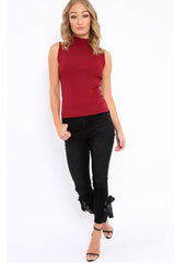 Wine High Neck Ribbed Top - Cicely-Tops