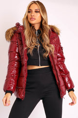 Wine High Shine Fur Trim Puffer Coat - Stacia-Coats