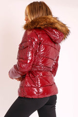 Wine High Shine Fur Trim Puffer Coat - Stacia-Coats