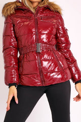 Wine High Shine Fur Trim Puffer Coat - Stacia-Coats