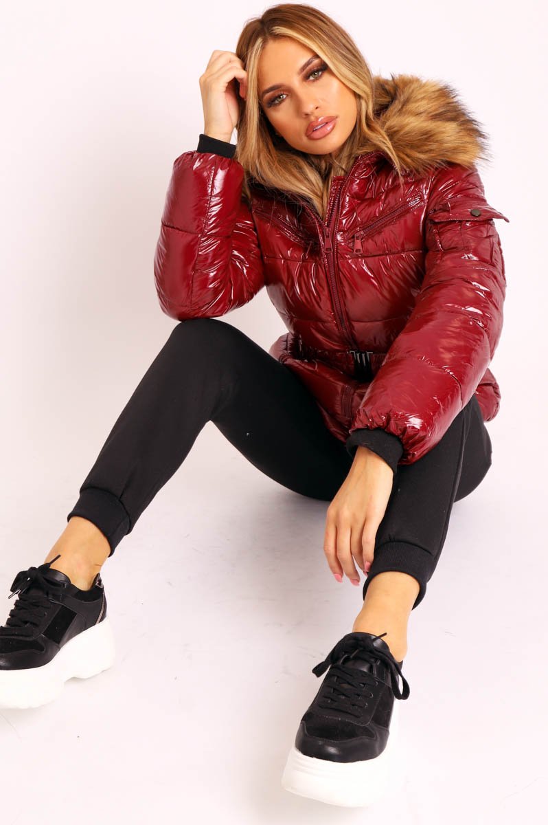 Wine High Shine Fur Trim Puffer Coat - Stacia-Coats