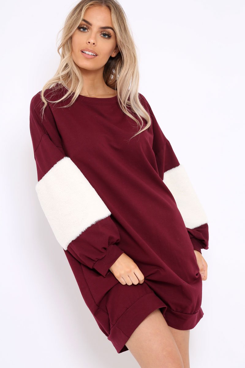 Wine Jumper Dress with Fur Sleeves - Paris-Dresses