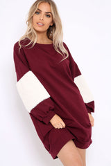 Wine Jumper Dress with Fur Sleeves - Paris-Dresses