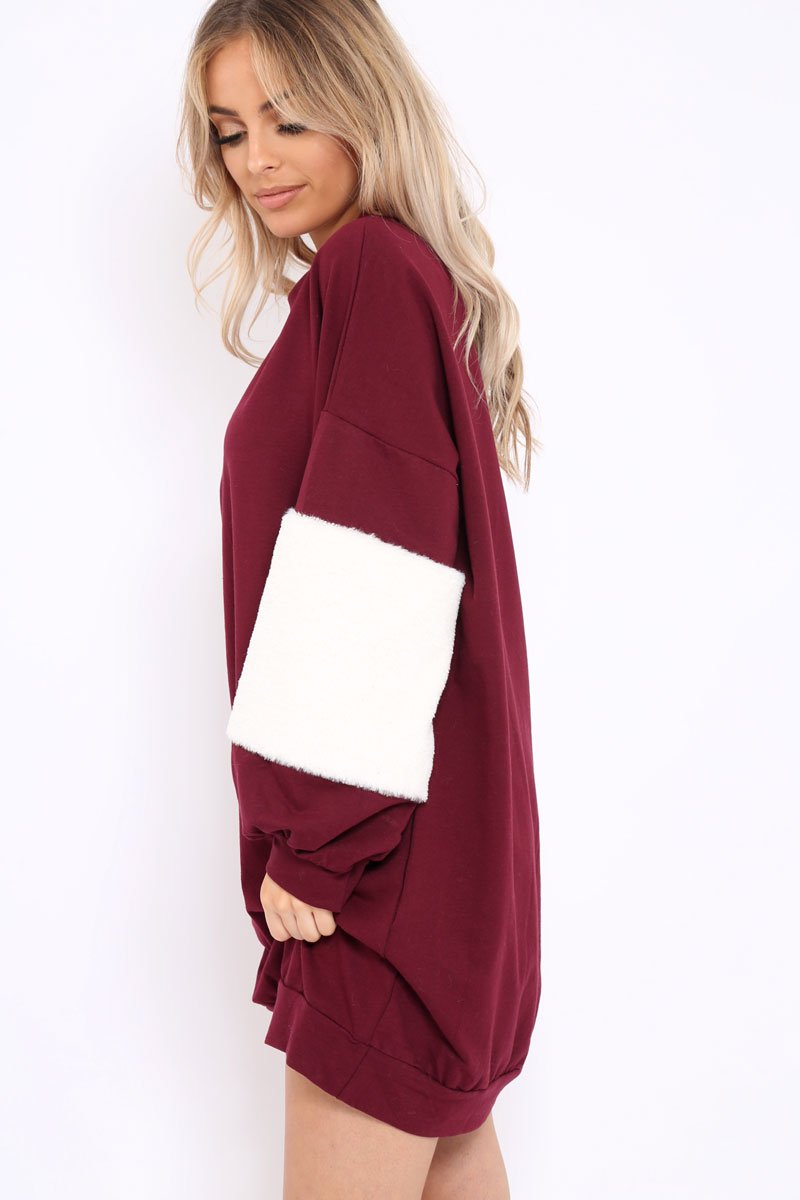 Wine Jumper Dress with Fur Sleeves - Paris-Dresses