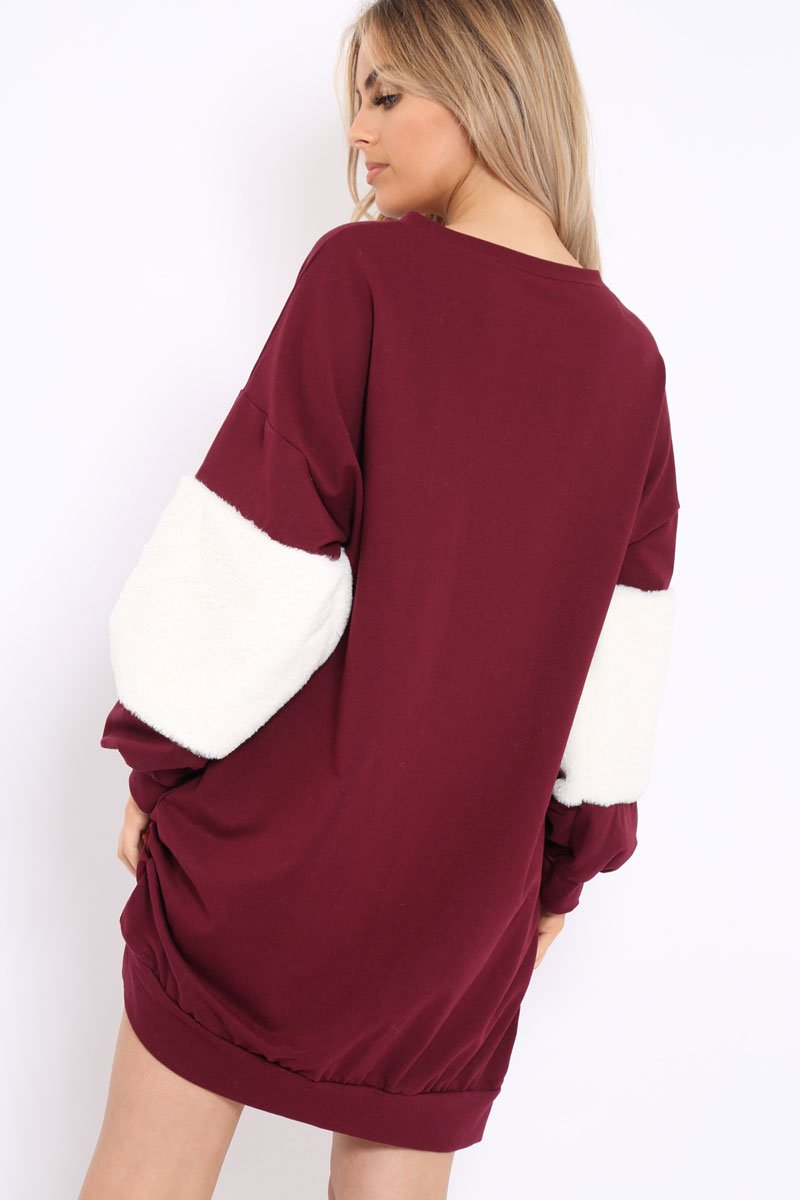 Wine Jumper Dress with Fur Sleeves - Paris-Dresses