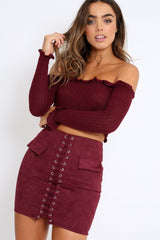 Wine Knitted Bardot Frill Crop Top - Kesia-Crop Tops