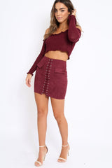 Wine Knitted Bardot Frill Crop Top - Kesia-Crop Tops