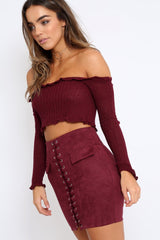 Wine Knitted Bardot Frill Crop Top - Kesia-Crop Tops