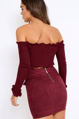 Wine Knitted Bardot Frill Crop Top - Kesia-Crop Tops