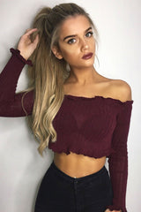 Wine Knitted Bardot Frill Crop Top - Kesia-Crop Tops