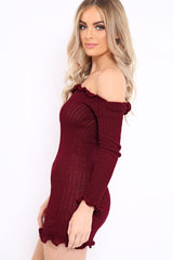 Wine Knitted Bardot Frill Dress - Leisha-Dresses