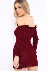 Wine Knitted Bardot Frill Dress - Leisha-Dresses