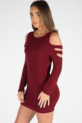 Wine Knitted Cold Shoulder Cut Out Jumper Dress - Sienna-Jumper