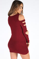 Wine Knitted Cold Shoulder Cut Out Jumper Dress - Sienna-Jumper