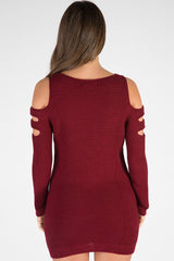 Wine Knitted Cold Shoulder Cut Out Jumper Dress - Sienna-Jumper
