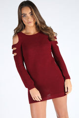 Wine Knitted Cold Shoulder Cut Out Jumper Dress - Sienna-Jumper