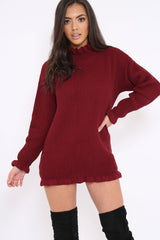 Wine Knitted Ruffle Jumper Dress with Elasticated hems - Velma-Dresses