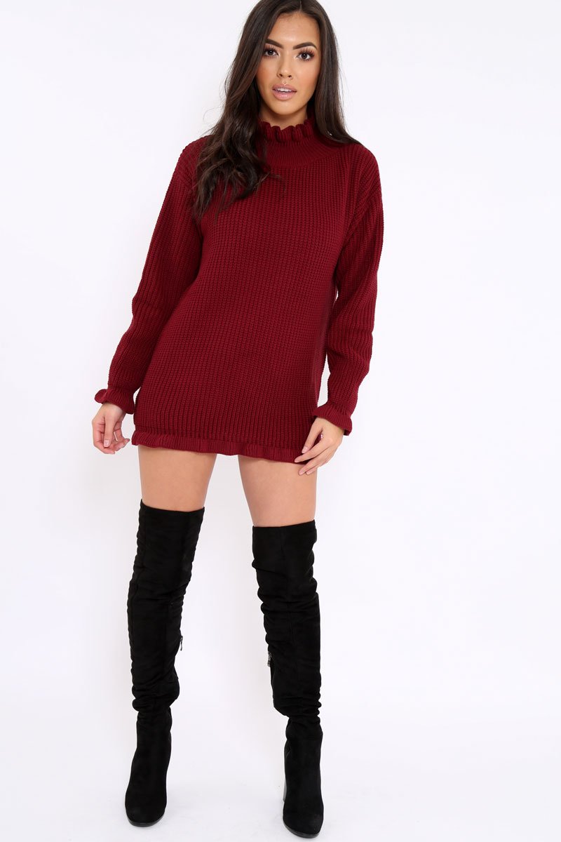 Wine Knitted Ruffle Jumper Dress with Elasticated hems - Velma-Dresses