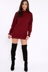 Wine Knitted Ruffle Jumper Dress with Elasticated hems - Velma-Dresses