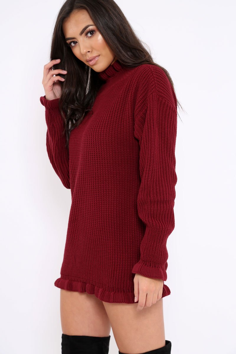 Wine Knitted Ruffle Jumper Dress with Elasticated hems - Velma-Dresses
