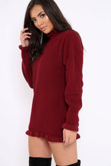 Wine Knitted Ruffle Jumper Dress with Elasticated hems - Velma-Dresses