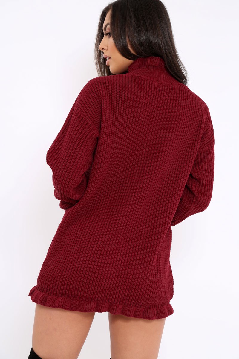 Wine Knitted Ruffle Jumper Dress with Elasticated hems - Velma-Dresses