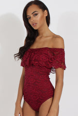 Wine Lace Frill Bardot Bodysuit - Tonika-Bodysuits