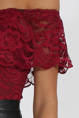 Wine Lace Frill Bardot Bodysuit - Tonika-Bodysuits