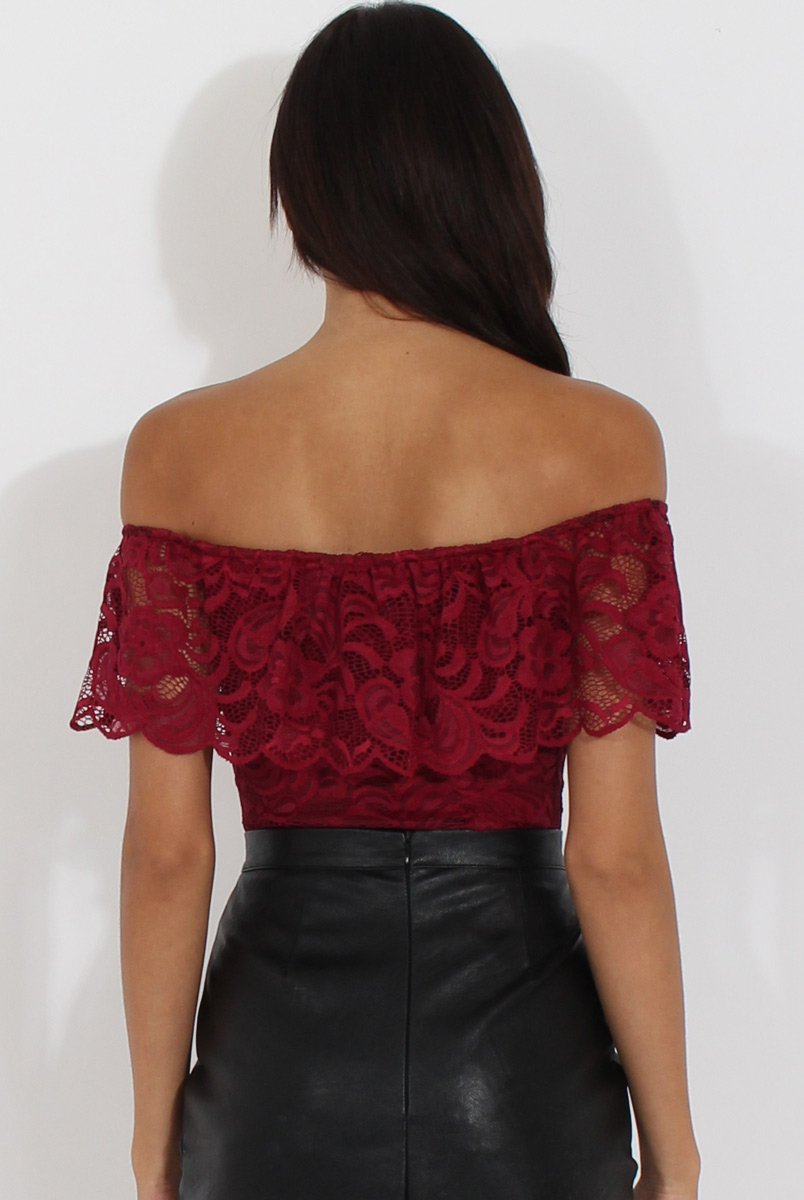 Wine Lace Frill Bardot Bodysuit - Tonika-Bodysuits