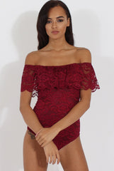 Wine Lace Frill Bardot Bodysuit - Tonika-Bodysuits
