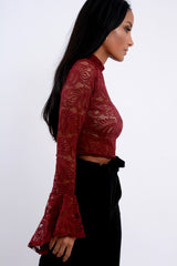 Wine Lace High Neck Crop Top with Key Hole Back - Ellah-Tops