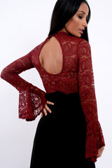 Wine Lace High Neck Crop Top with Key Hole Back - Ellah-Tops
