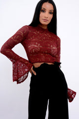 Wine Lace High Neck Crop Top with Key Hole Back - Ellah-Tops