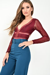 Wine Lace Long Sleeve Open Back Bodysuit - Ellice-Bodysuits