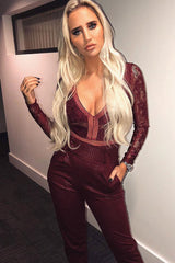 Wine Lace Long Sleeve Open Back Bodysuit - Ellice-Bodysuits