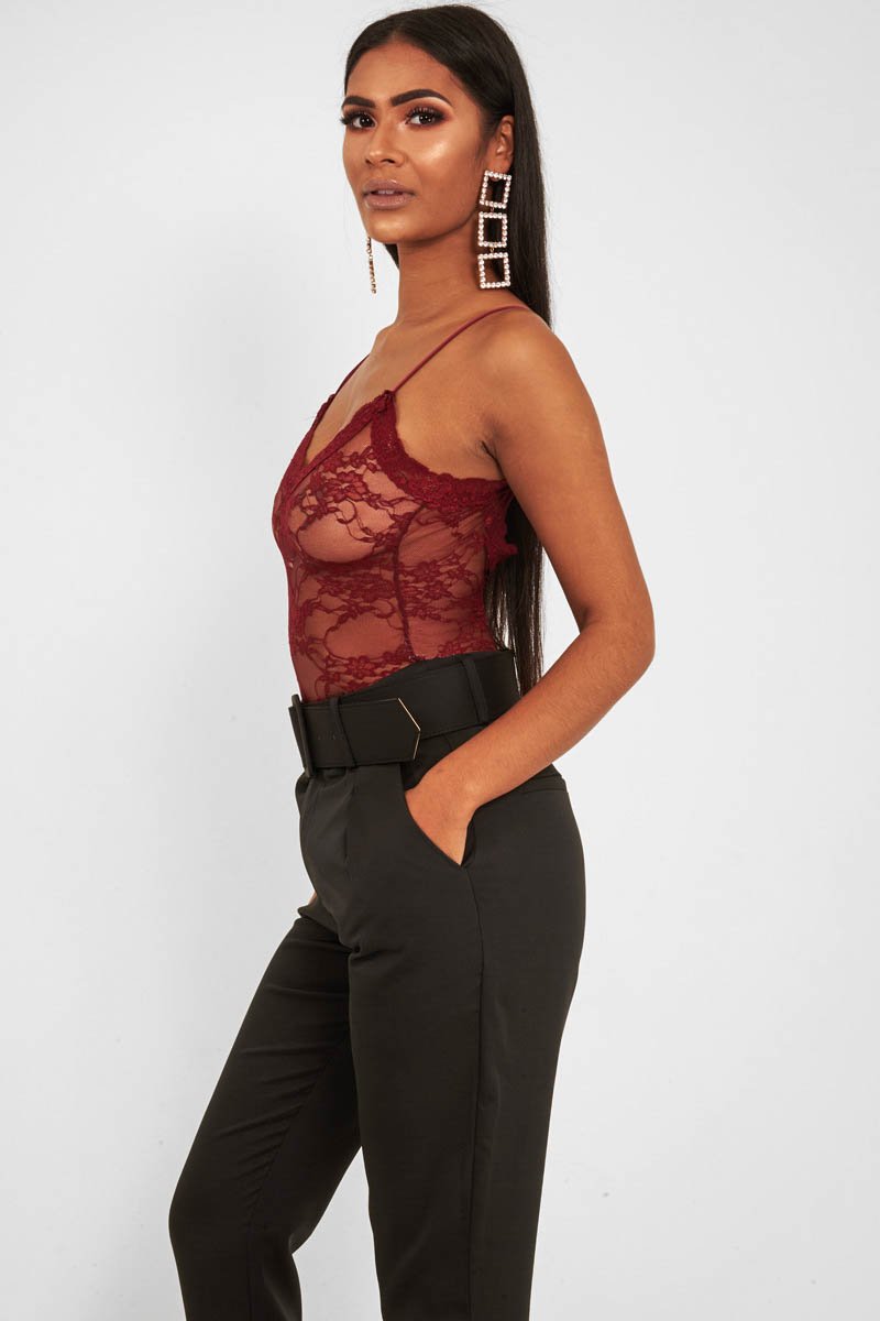 Wine Lace Open Back Bodysuit - Demani-Bodysuits