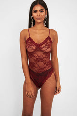 Wine Lace Open Back Bodysuit - Demani-Bodysuits