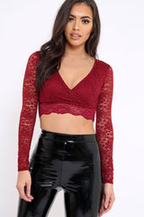 Wine Lace Plunge Scalloped Hem Crop Top - Elouise-Crop Tops