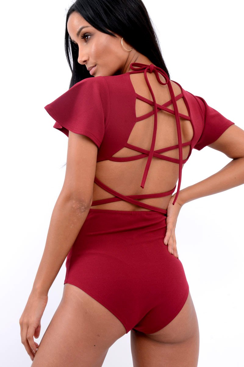 Wine Lace Up Back Bodysuit - Kyra-Bodysuits