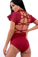 Wine Lace Up Back Bodysuit - Kyra-Bodysuits