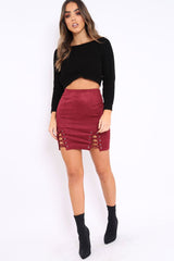 Wine Lace Up Suedette Mini Skirt - Tiara-Skirts