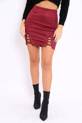 Wine Lace Up Suedette Mini Skirt - Tiara-Skirts
