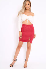 Wine Lace Up Suedette Skirt - Jenna-Skirts