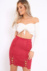 Wine Lace Up Suedette Skirt - Jenna-Skirts