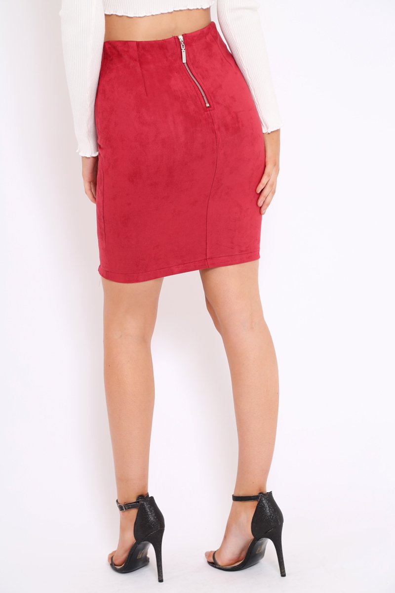 Wine Lace Up Suedette Skirt - Jenna-Skirts