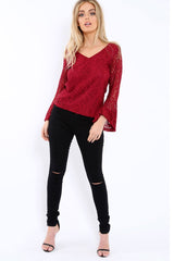 Wine Lace V Neck Top - Honey-Tops