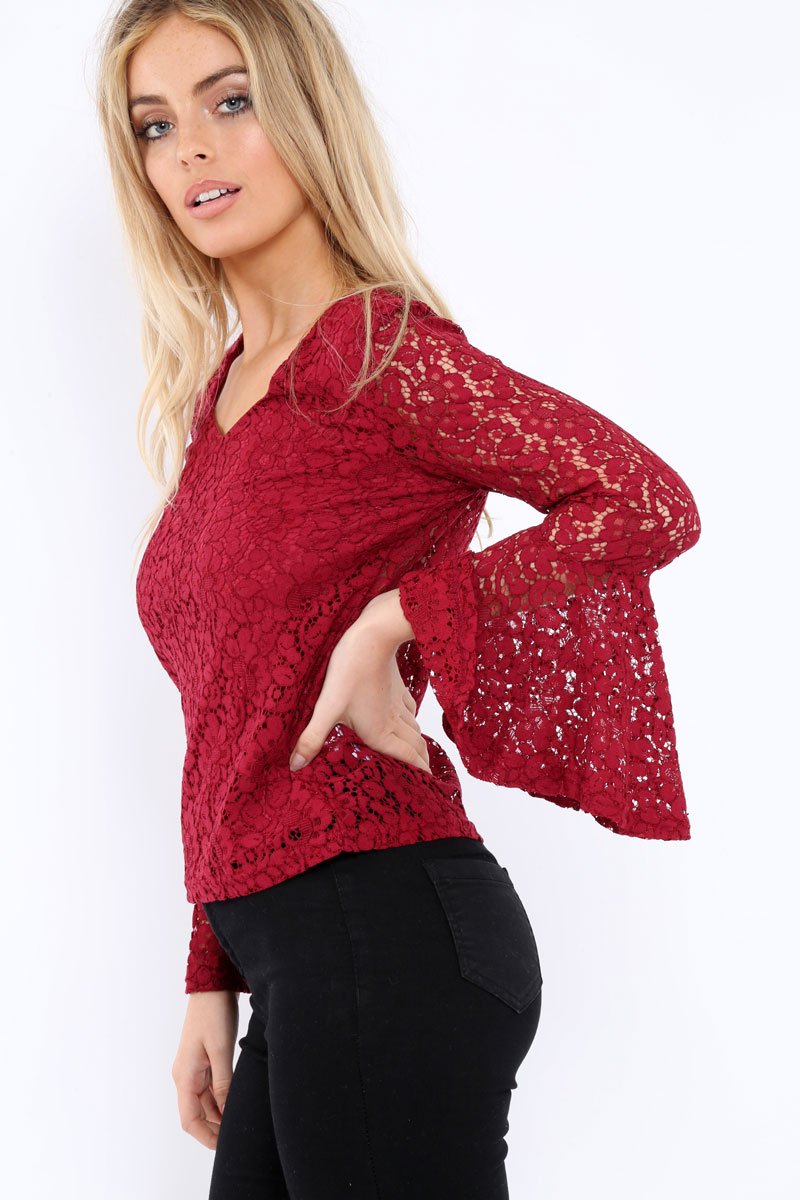 Wine Lace V Neck Top - Honey-Tops
